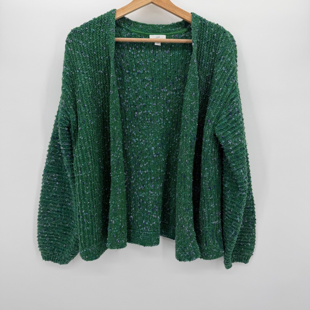 J. Jill Green Marled Popcorn Knit Cotton Cardigan Sweater Womens M Open Front